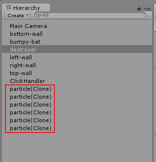 The Hierarchy window as game objects are instantiated and destroyed.