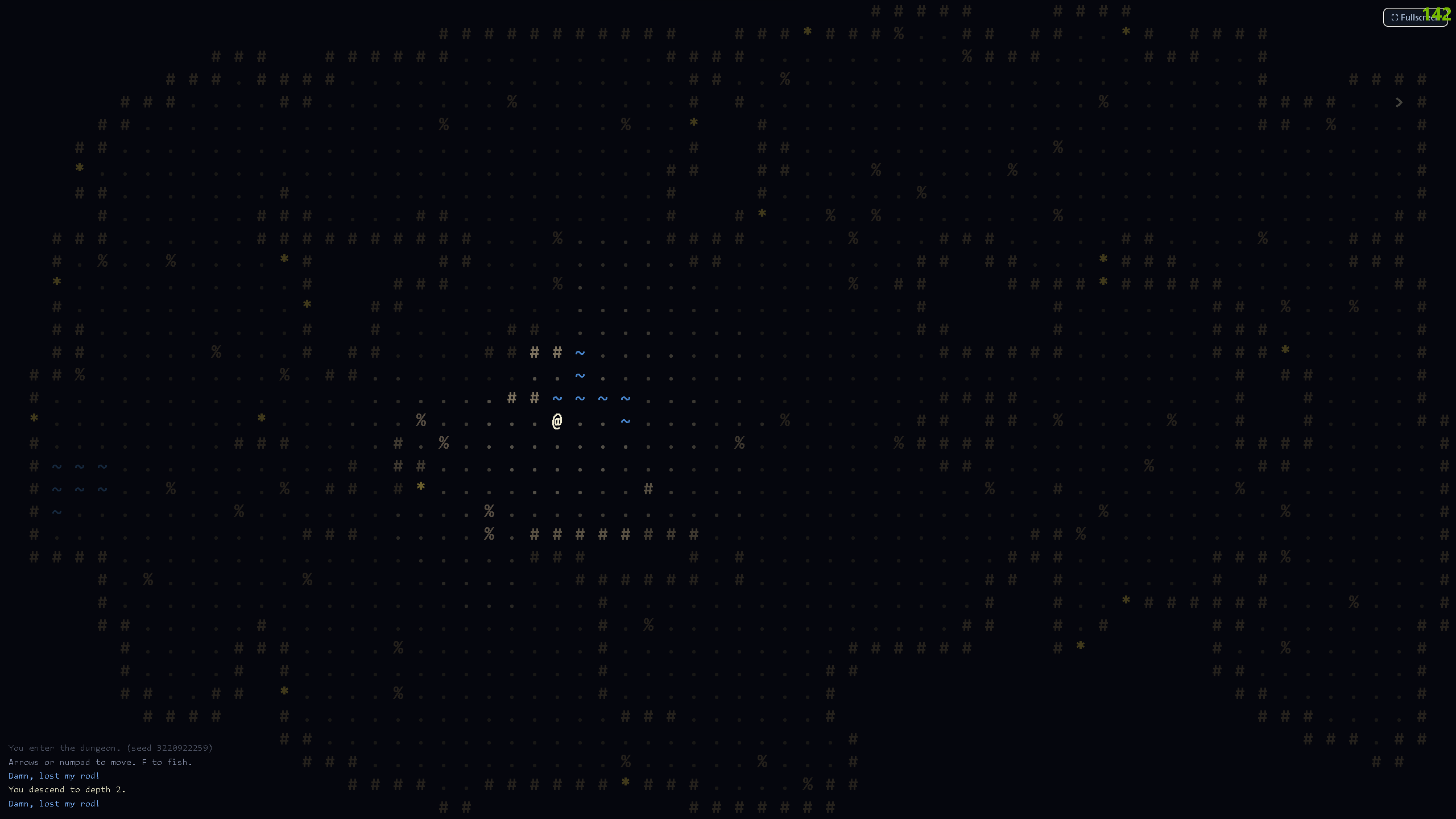 An ASCII roguelike dungeon of caves and rooms, lit in a circle around the player's @ by field of view, with already-explored areas dimmed to a cold grey memory.