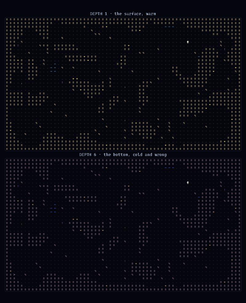Two views of the same Voidfin dungeon: the shallow version lit in warm amber, the deep version in a cold blue-violet.