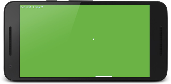Pong game running on Android showing the green background, white bat, ball, score and lives.