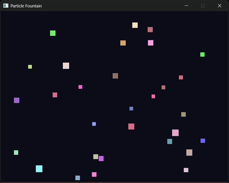 Particle Fountain after many clicks: a dense cloud of bouncing colored squares