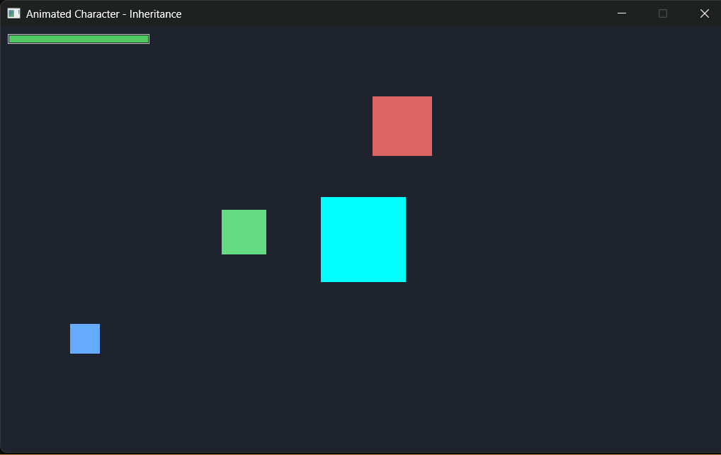 The Animated Character Inheritance demo: rainbow player in center, three solid-color enemies sliding leftward