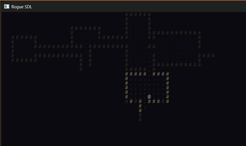 Rogue SDL Part 1 — dungeon partially explored, visited rooms shown in dim colours