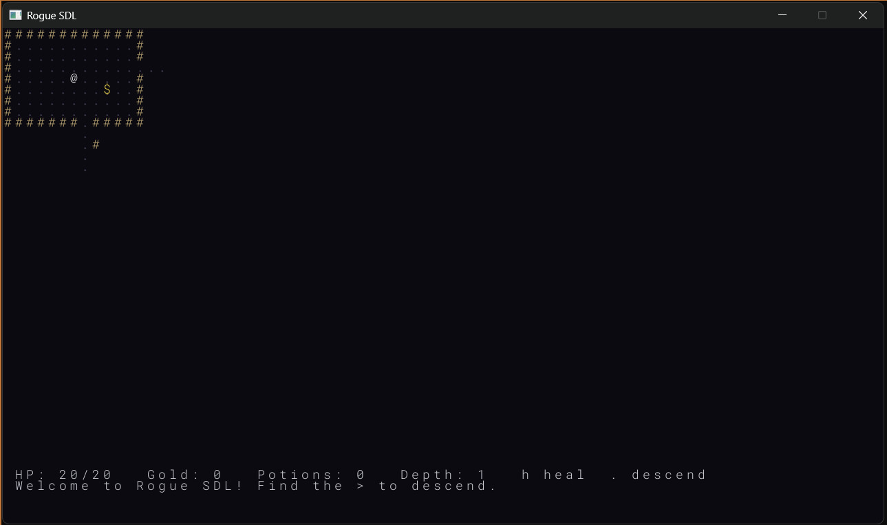 Rogue SDL Part 2 — dungeon with enemies and items visible