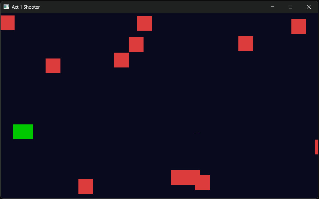 The Act 1 shooter mid-play: green ship, two lasers, a scattering of red aliens.