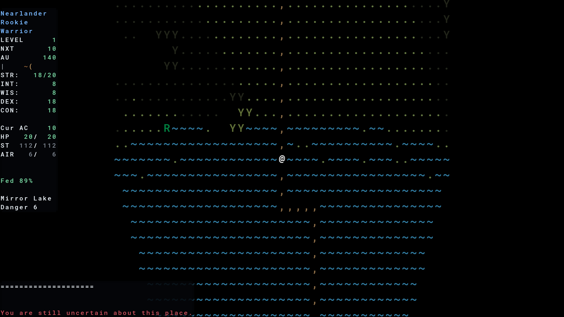 The overworld of Ammerow: a road reaching Mirror Lake, with a village and dangerous open country beyond.