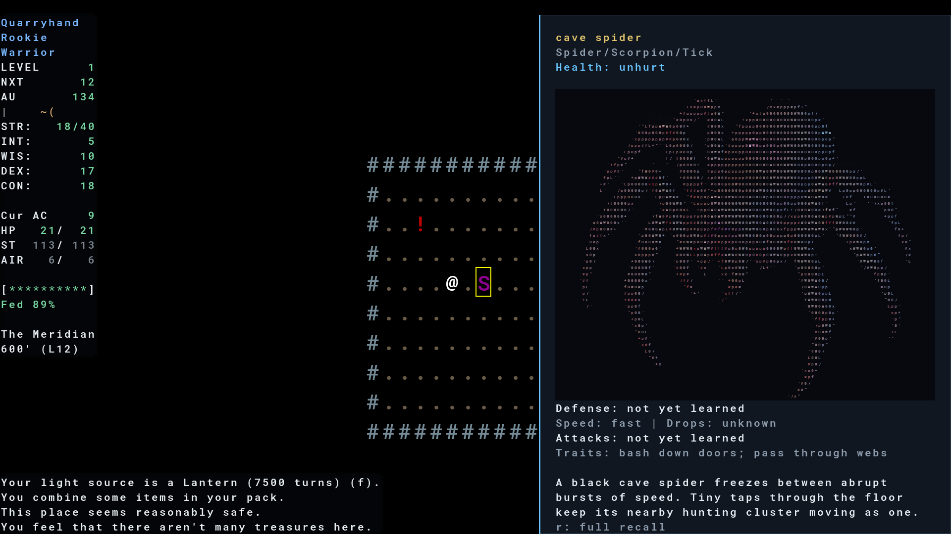 A monster card for a cave spider in Ammerow, with a detailed ASCII portrait and gathered knowledge about its behaviour.
