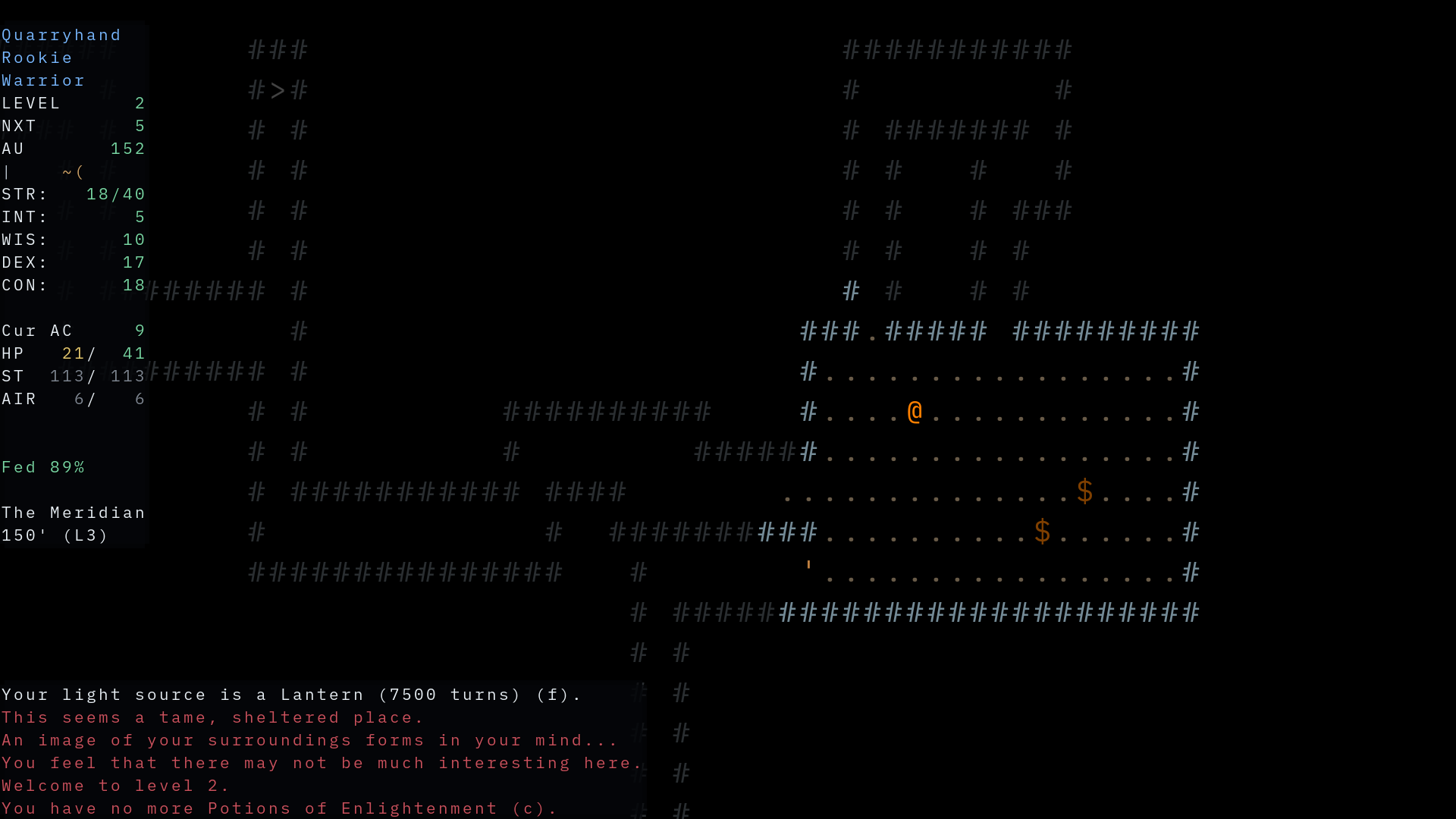 A dungeon level in the Meridian: rooms, passages and treasure, with the surrounding layout revealed and remembered areas dimmed.