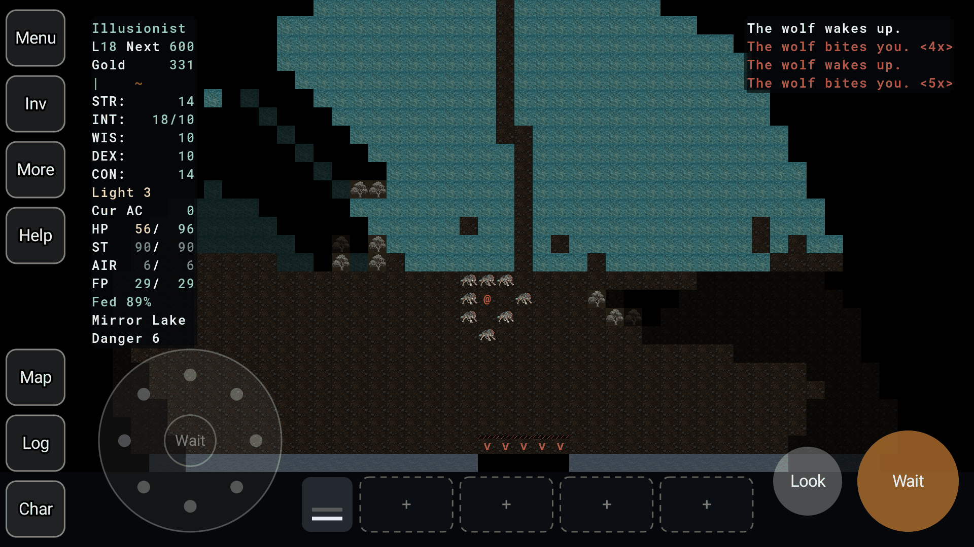 Mirror Lake on a phone in Full Tile mode: a wolf pack surrounds the adventurer on the shore, with blue water, trees and the crossing back to the village.