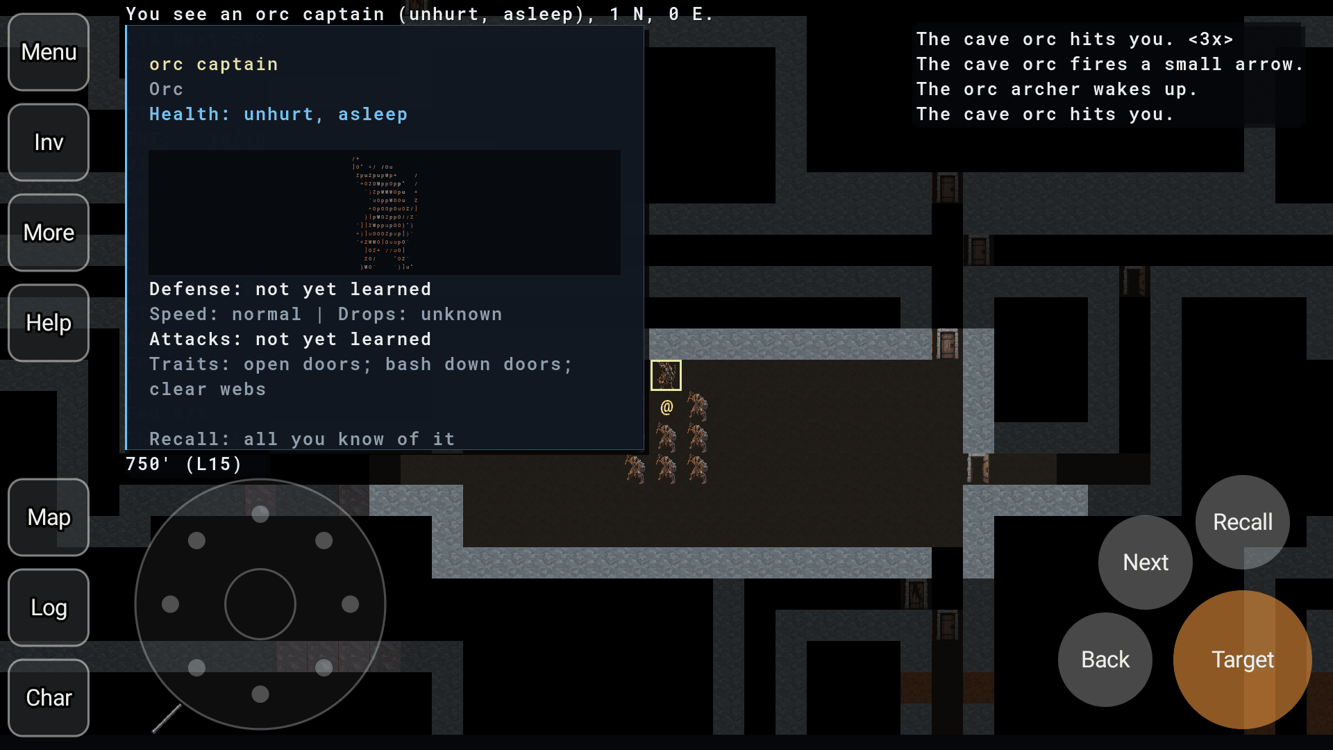An orc captain's card on a phone, with its ASCII-art portrait, health and traits, beside the band in the dungeon and the Target, Recall, Next and Back buttons.