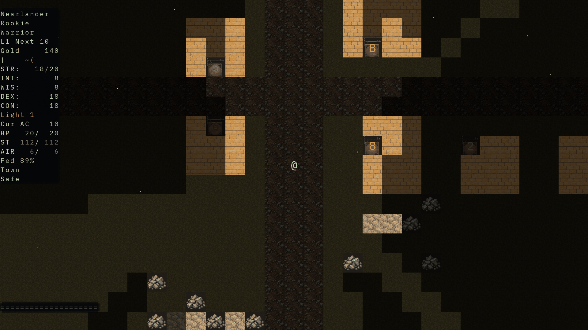 The same village in Full Tile mode, with masonry shops, numbered entrances and a worn road.