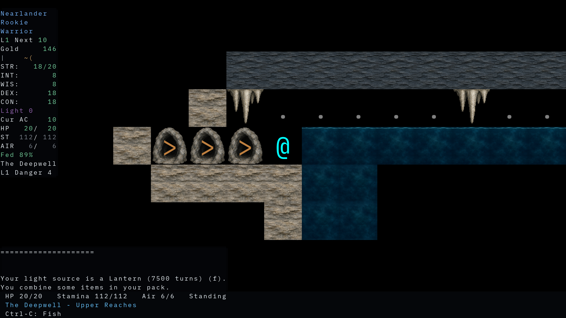 A side-view cave in Full Tile mode, with stalactites, passages and a deep blue pool.