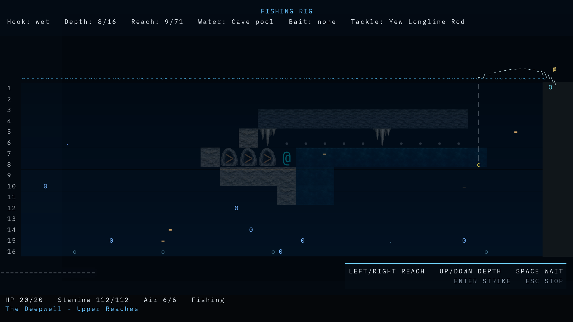 The fishing view shows fish at different depths and a lowered line in an underground pool.