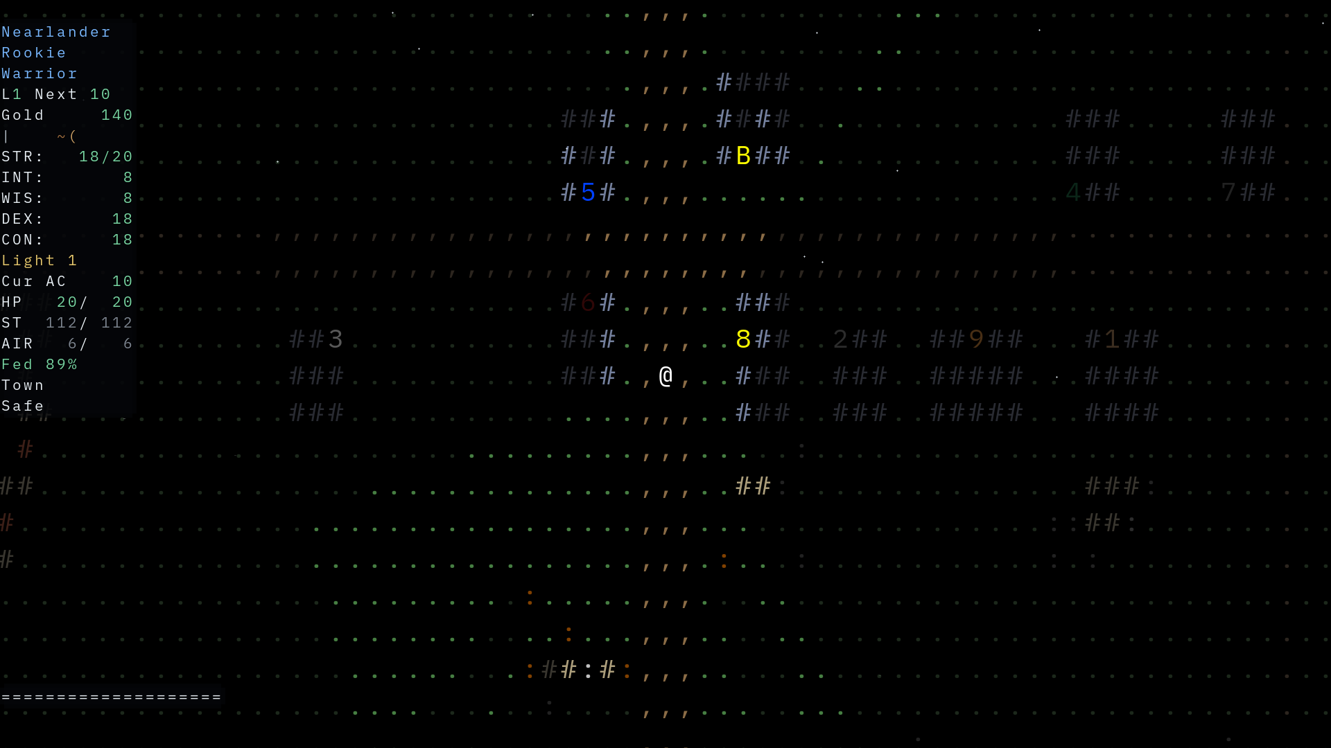 The village rendered in coloured ASCII, with glyph buildings, roads and numbered shops.