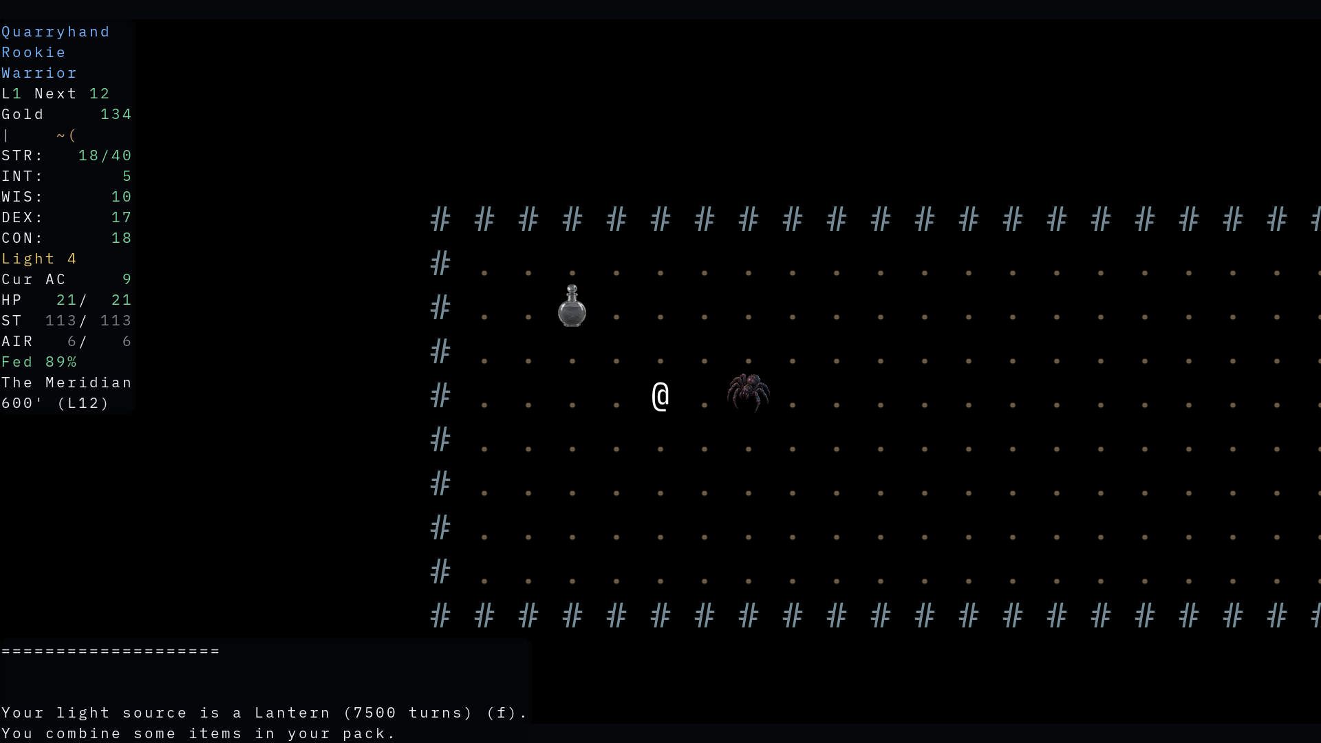 A cave spider and a potion rendered as sprites among ASCII dungeon walls and floor dots.