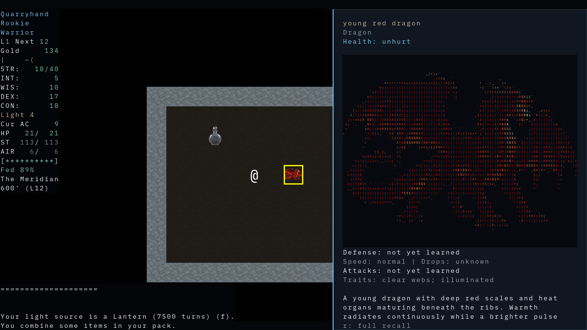 A young red dragon's ASCII-art portrait and known information beside its position in the tiled Meridian dungeon.