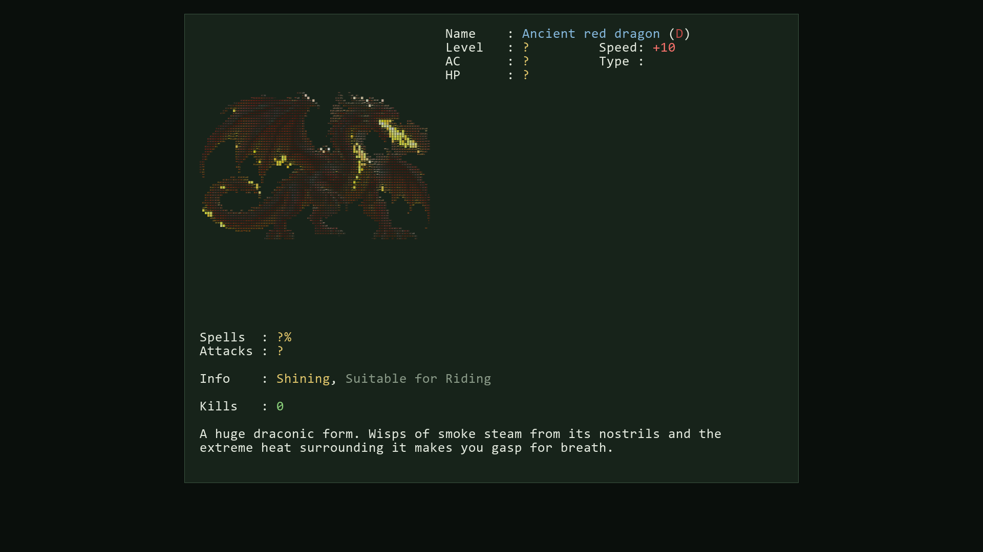 An ancient red dragon in Ormeq, shown as an ASCII monster portrait and lore card.