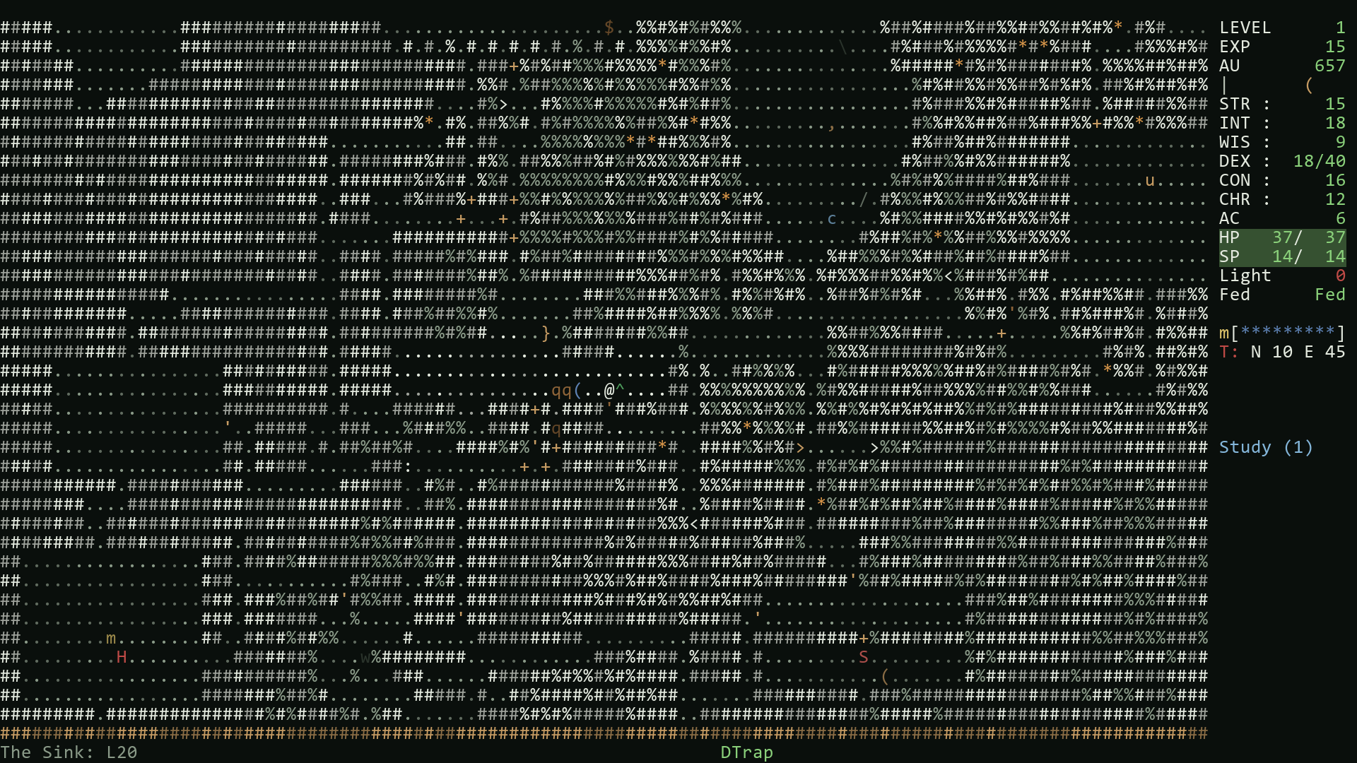 The Sink — a procedurally generated dungeon in Ormeq, shown with traditional character glyphs.