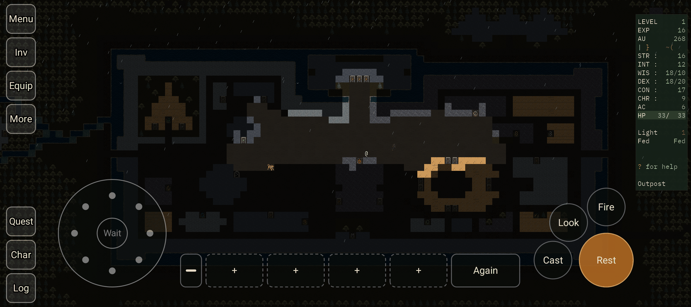 Outpost in Full Tile mode on a phone: the walled town and its castle, with the rail of screens on the left, the d-pad, quick slots and the cluster of buttons.