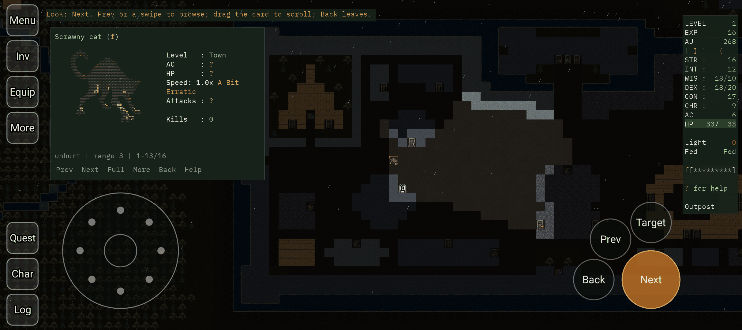 A scrawny cat's card beside its place in Outpost: a character-art portrait, with its armour, hit points and attacks still unknown.