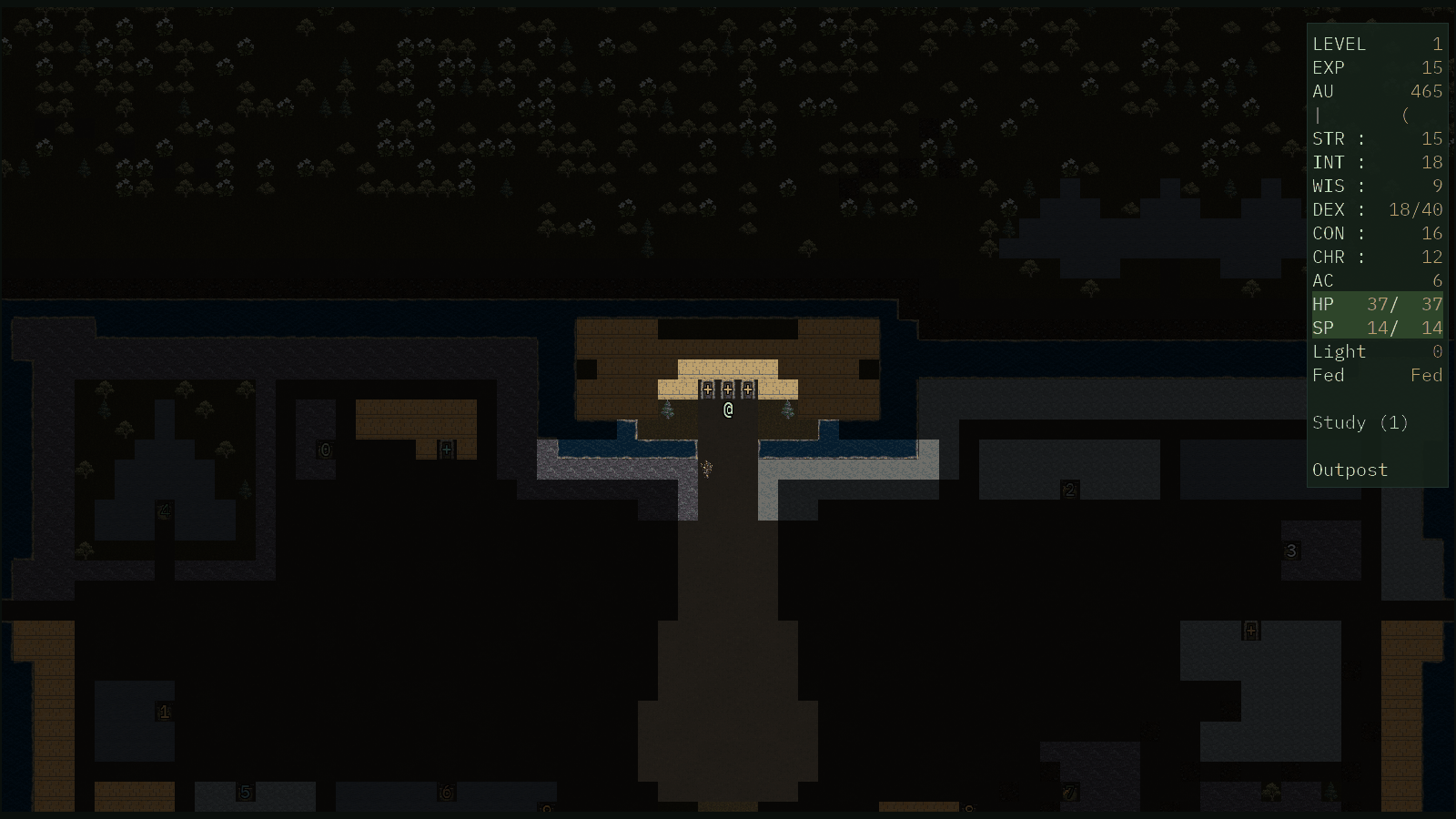Outpost in Full Tile mode, with the player outside the castle and shops around the town square.