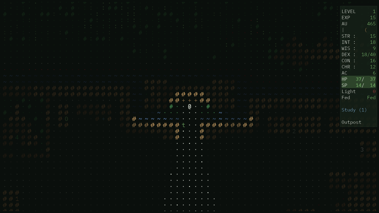 The castle, moat and town square of an Outpost in Enhanced Square ASCII mode.