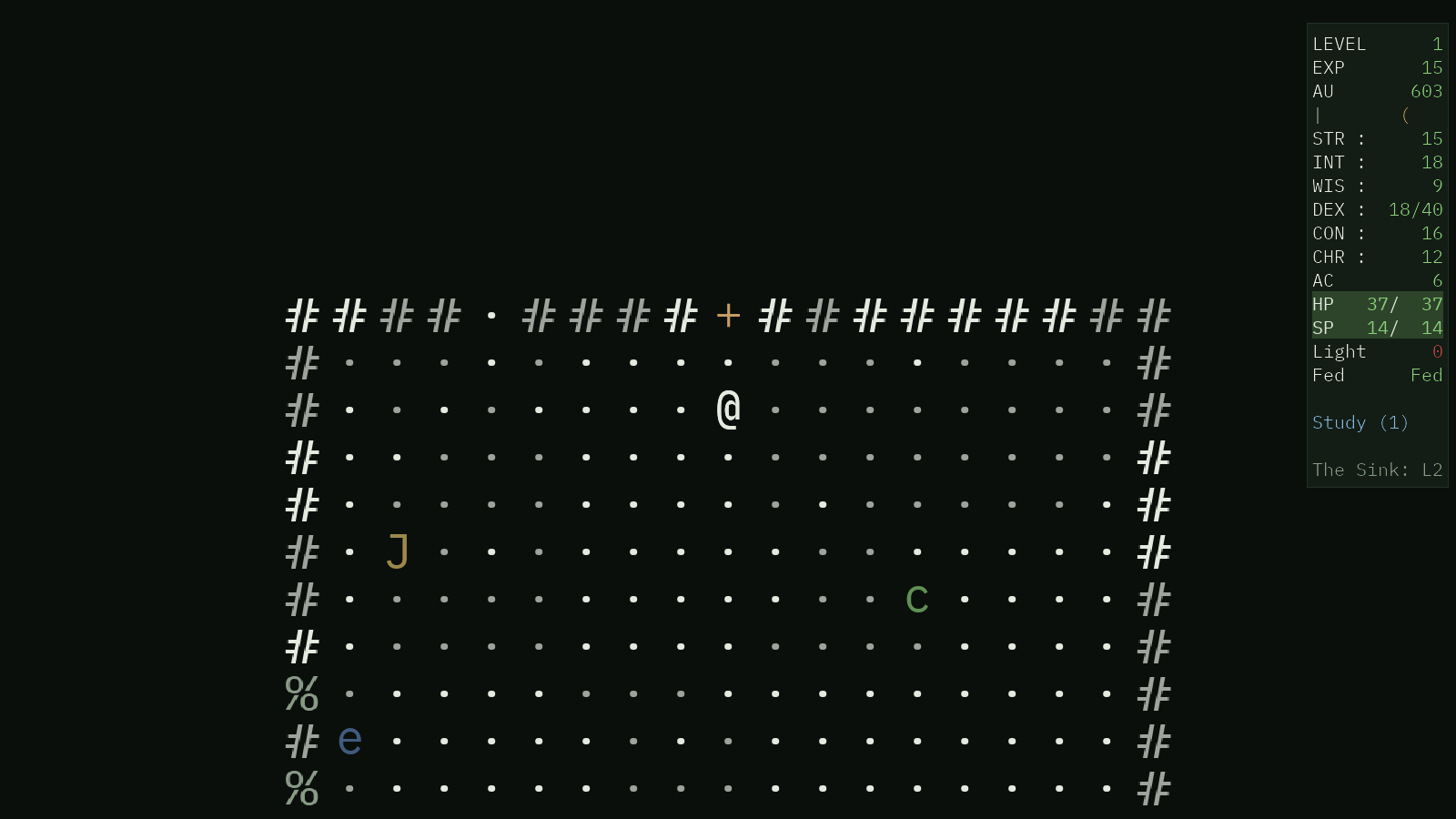 An ASCII dungeon room with the player, a snake, a centipede and a floating eye.
