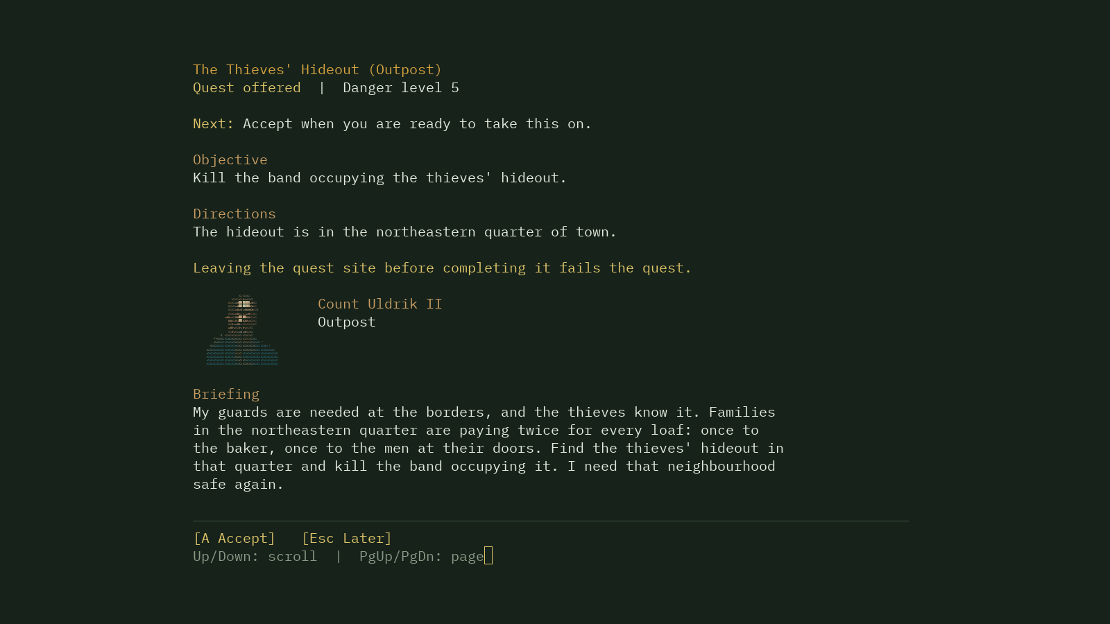 Count Uldrik offers the Thieves' Hideout quest with a portrait, briefing, directions and failure warning.