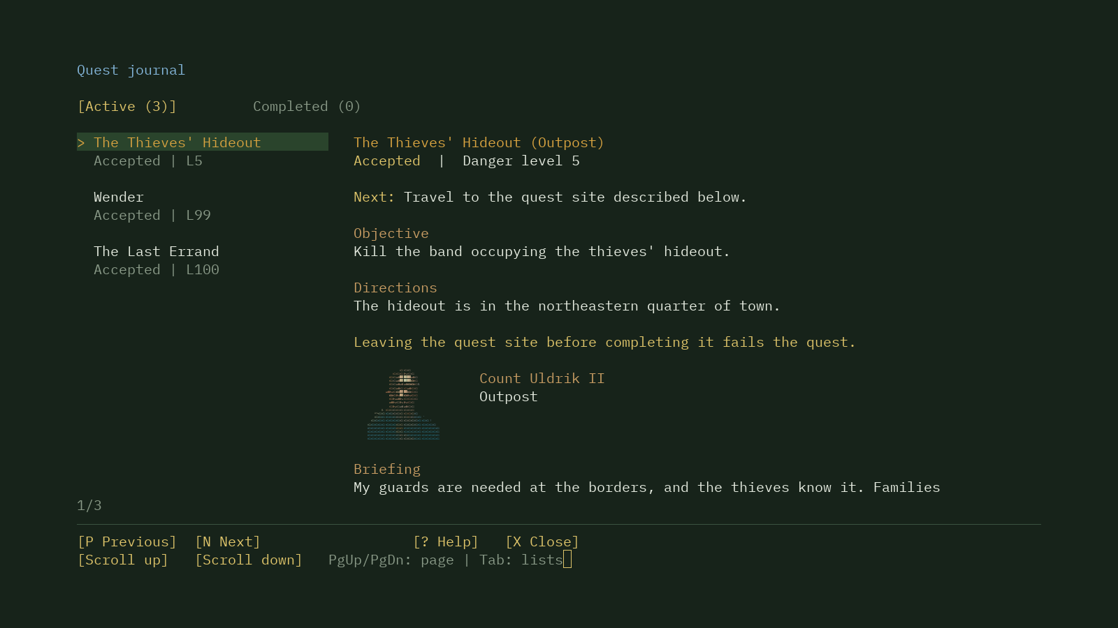 The quest journal shows active quests on the left and the accepted assignment's objective and contact on the right.