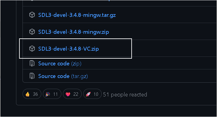 The Assets list on SDL's GitHub releases page. The VC zip is the one we want. The others are for different compilers, or they contain SDL's source code.