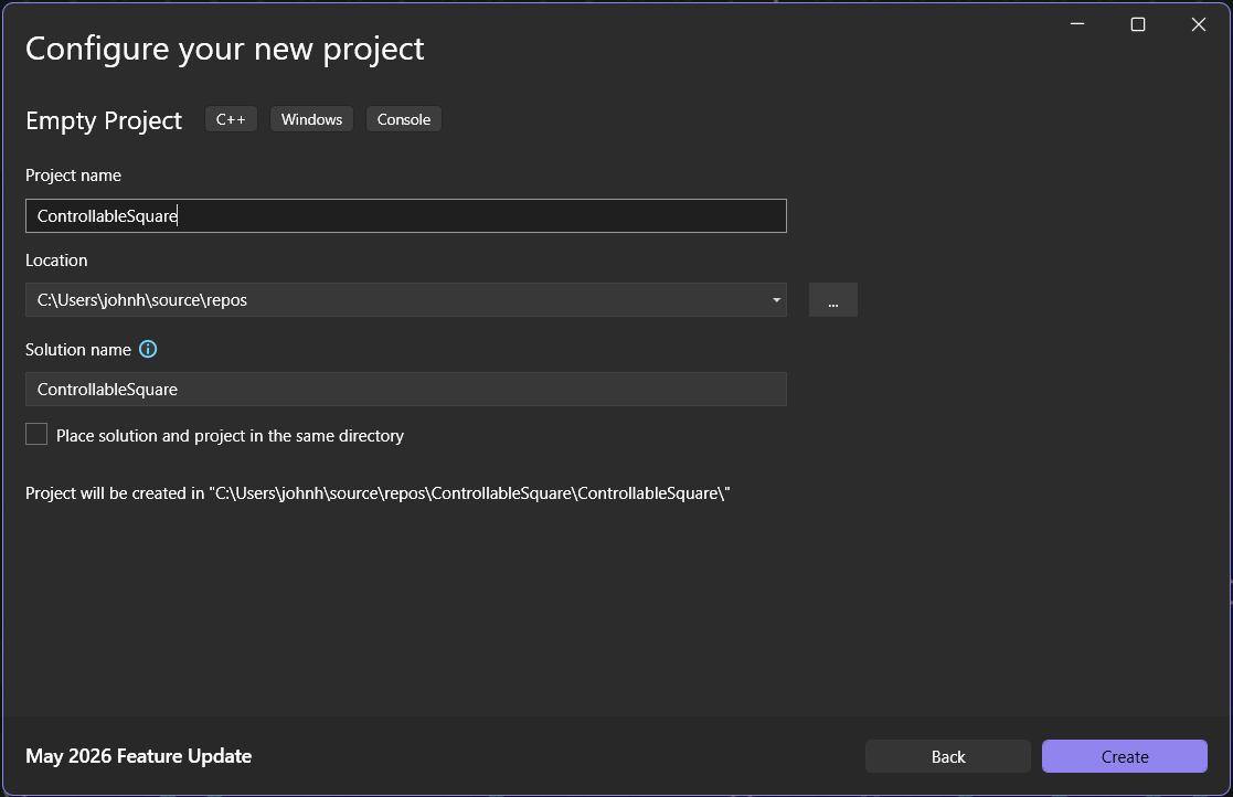 Configuring the new project. The line at the bottom shows the project folder, which is where main.cpp, and soon SDL3.dll, will live.