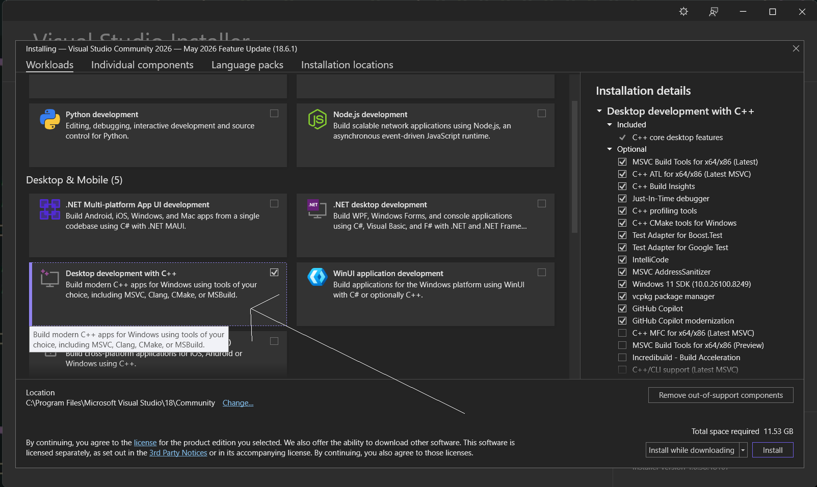 The Visual Studio Installer with Desktop development with C++ selected. The Installation details panel on the right lists what the workload includes, and its defaults are all we need.