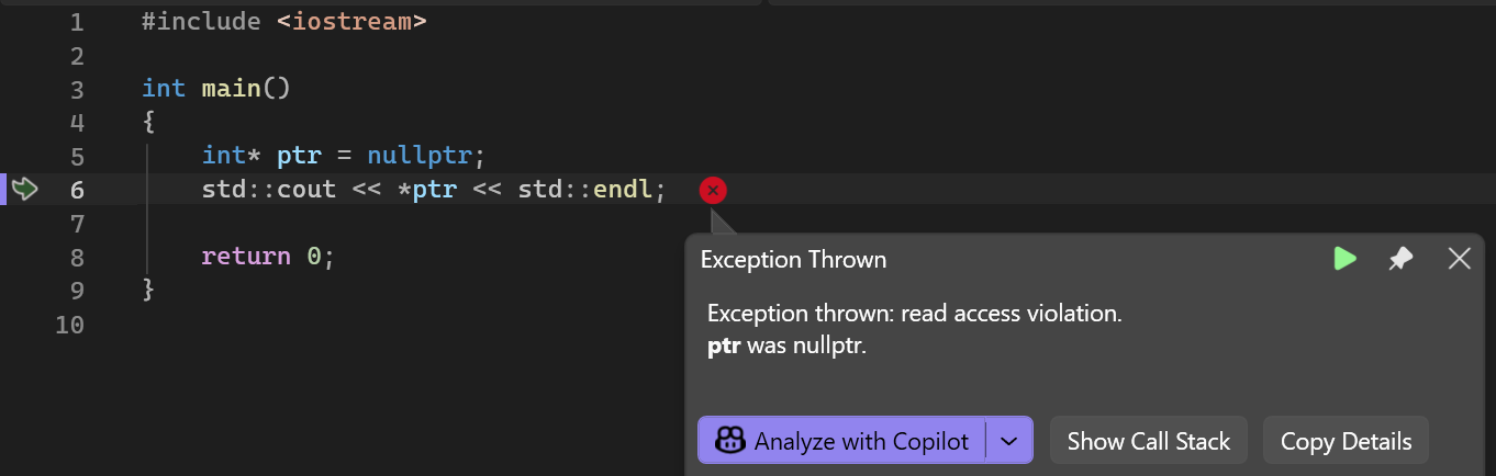 Following a null pointer. Visual Studio stops on the line that did it, and names the culprit: ptr was nullptr.