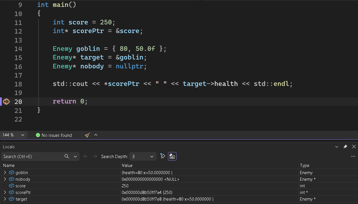Pointers in the Locals window. Each pointer's value is an address, followed by what's there in curly braces, and a null pointer shows as zero, with NULL after it. The type column marks every pointer with a star.