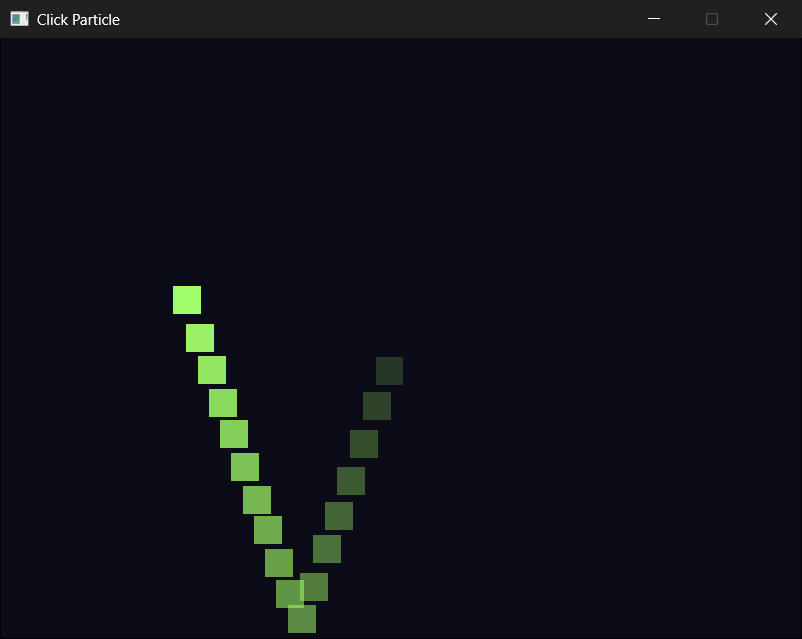 One particle's flight, just after a click in the middle of the window. The picture combines 18 real frames, about a tenth of a second apart, with the older ones fainter: the particle flies down and to the left, bounces off the bottom wall, and heads back up.