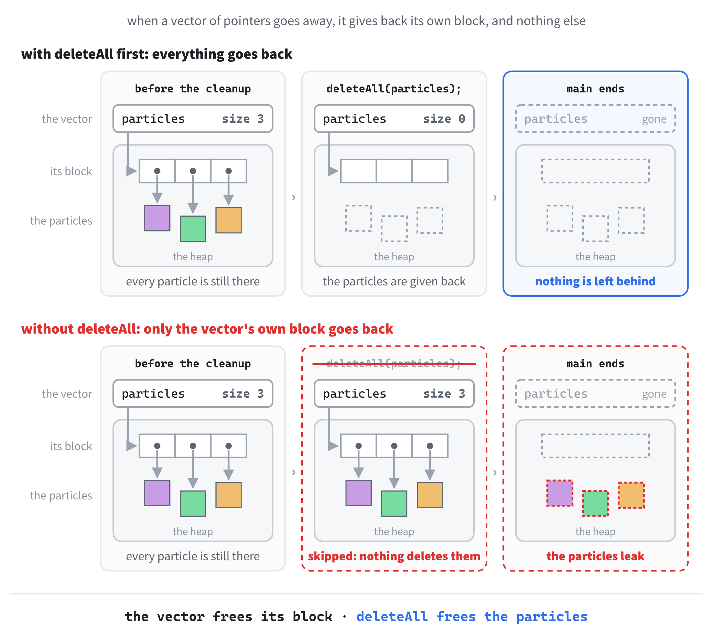 What the vector gives back, and what it doesn't. When a vector of pointers goes away, it frees its own block of addresses, but not the particles at those addresses. Without deleteAll first, every particle leaks.