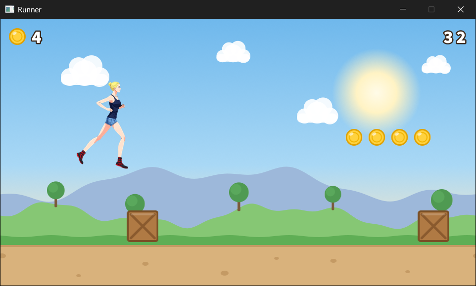 The runner in mid-jump, clearing a crate, with a row of high coins and another crate on the way. She has collected the four low coins and run 32 meters, and the far hills, the near hills, and the ground each scroll at their own speed.