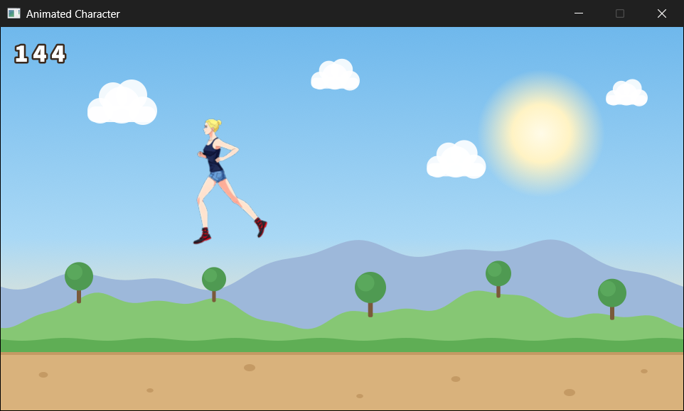 The finished program. The runner jumps as she runs left, drawn from her mirrored jumping frame, while the counter in the corner shows the frame rate: 144 frames a second, on a monitor that refreshes 144 times a second.