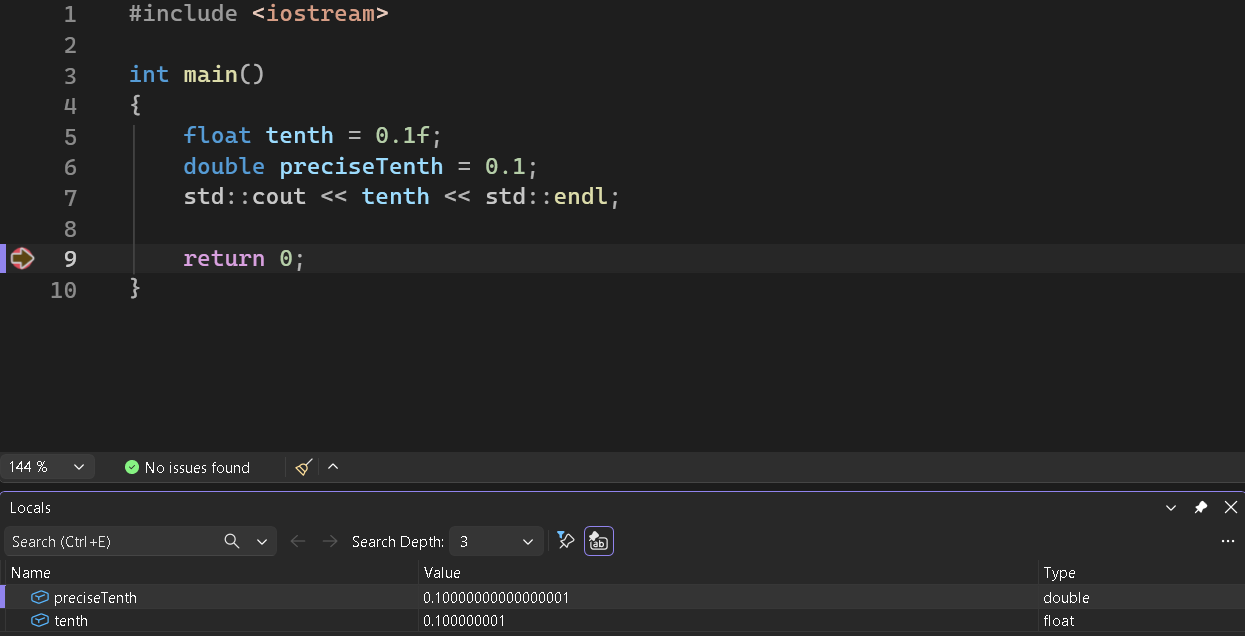 The sandbox paused on return 0. The console printed 0.1, but the Locals window shows what's really stored: the float holds 0.100000001, and even the double is a tiny bit off.