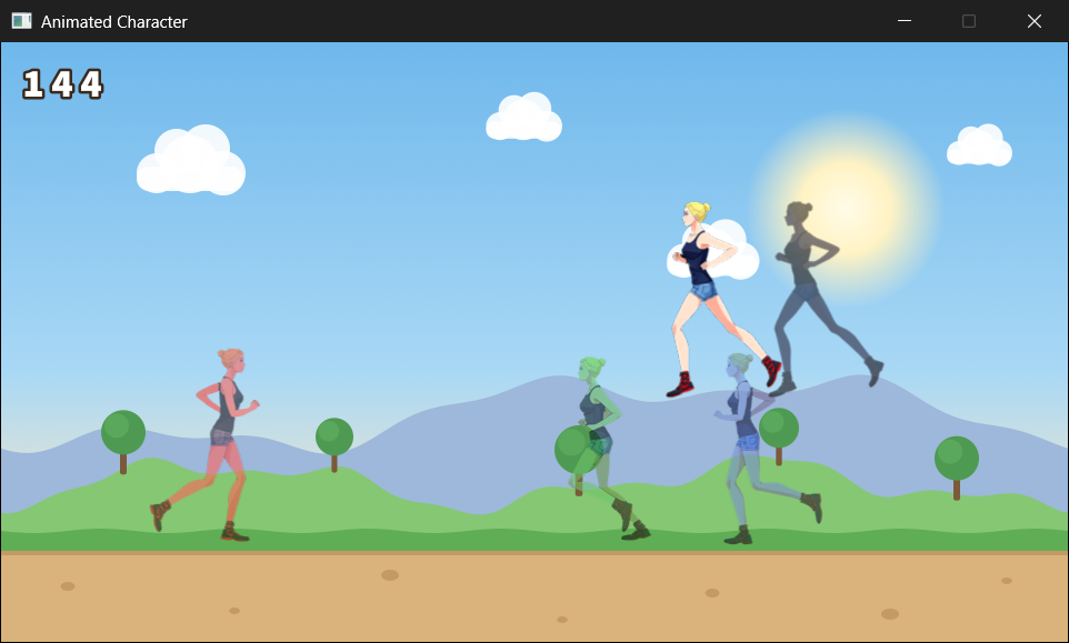The finished program. The runner jumps as she runs to the left, and her shadow, dark and see-through, leaves the ground with her, a little behind. The three ghosts run on at their own paces, and the frame rate counts in the corner.