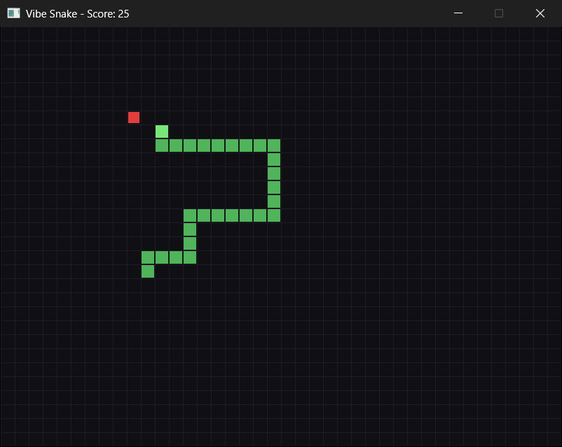 Vibe Snake at a score of 25. The snake, 28 cells long, has doubled back on itself as it climbs the window, and its head, the brighter cell, is three moves from the apple. The faint grid and the score in the title bar are Round 6's polish.