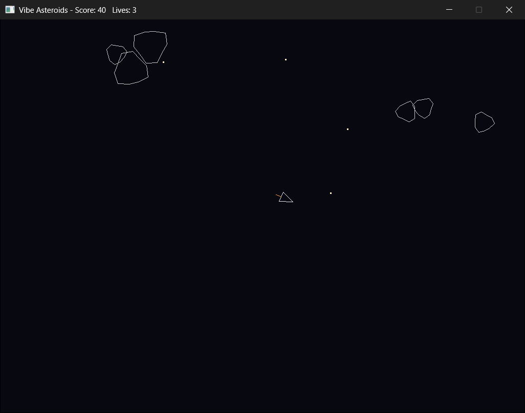 Vibe Asteroids early in a game, at a score of 40. The ship is thrusting to the right, with its orange flame behind it, and its bullets are on their way. The two medium asteroids side by side at the right split from a large one a moment ago.