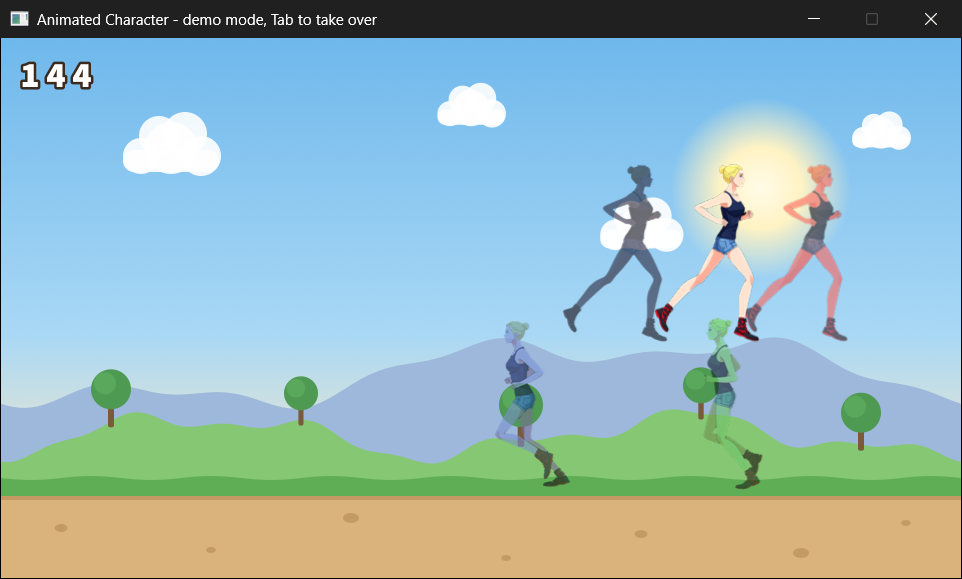 Demo mode. The player, in the middle, is following the red ghost with a ShadowInput, and jumped when the red ghost did, and her own shadow, behind her, jumped when she did. The title bar says who's in charge. Press Tab again, and the keyboard has her back.