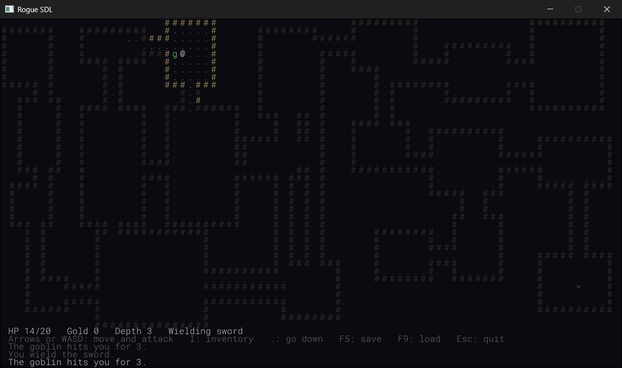 Where we're heading: Rogue SDL at the end of Chapter 36, three levels down, with a sword in hand and a goblin, the green g, right beside the @. The walls, floors, stairs, and monsters are all characters from a font, in color, and the rows along the bottom tell you how the game is going. Here a scroll of magic mapping has just shown the whole level at once. Without one, the map fills in as you explore, and everything you've seen stays on it, dimmed when it's out of sight.