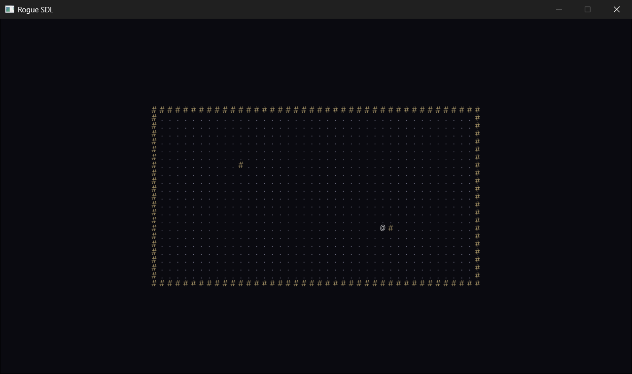 The end of Part 1: the @ in the test room, with its two pillars. Only the walls that touch the floor are drawn, and the rock beyond them stays black.