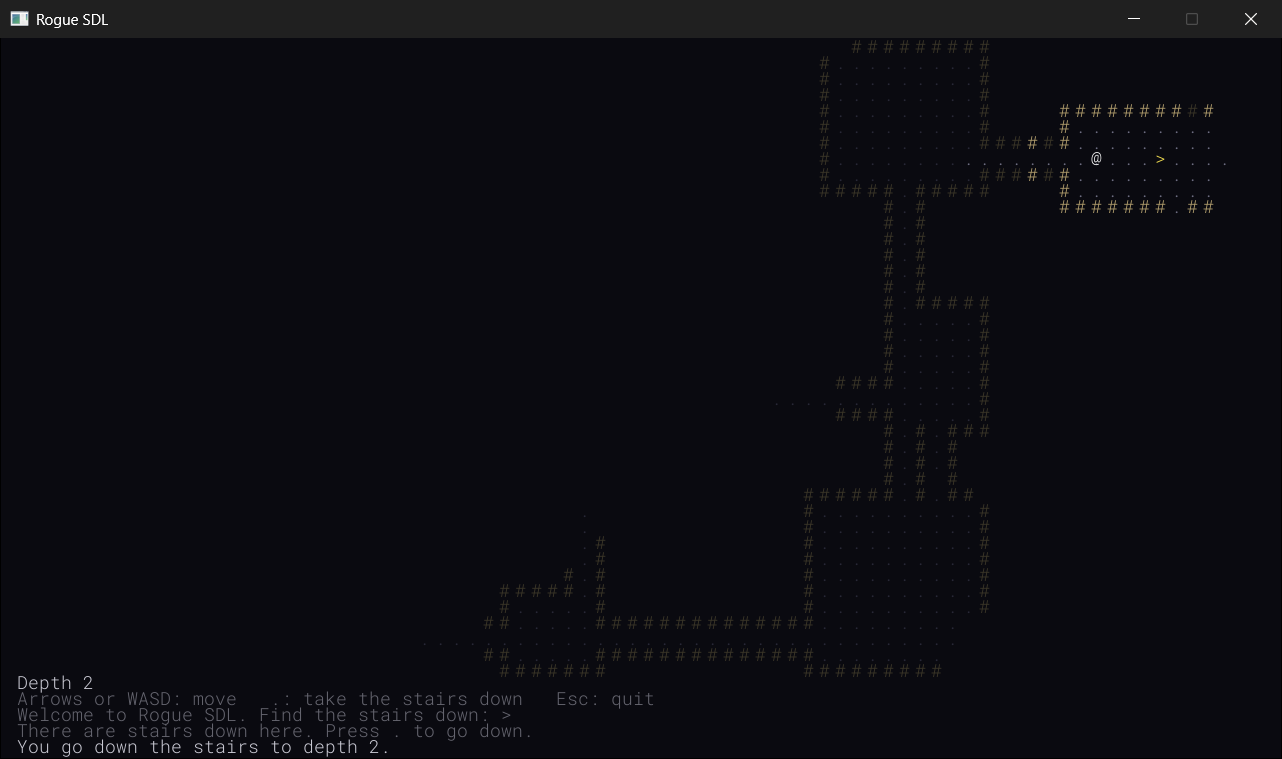 The end of Part 2. The @ can see up to 8 cells around it, including the stairs down, the yellow >, just ahead. The rooms and corridors it has already walked through are remembered in dim colors, and the rest of the level is still dark. The rows below the map show the depth, the keys, and the latest messages.