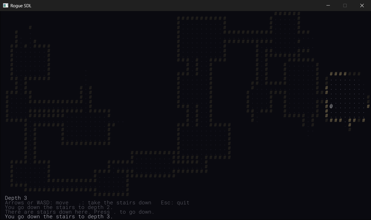 Two levels down. The HUD's newest message is bright, and the older ones are dim, and the level is remembered wherever the @ has been.
