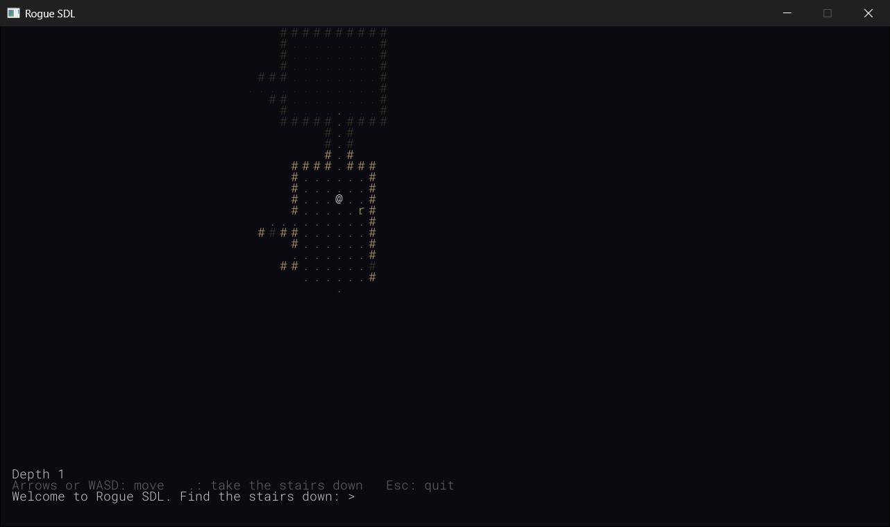 Monsters appear. The rat, the r, is in sight, so it's drawn, but for now it just sits there, and the @ could walk right through it.