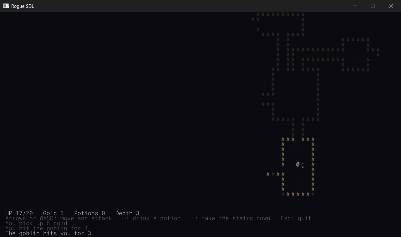 The end of Part 3, three levels down. The @ is fighting a goblin, the green g. The top row of the HUD shows health, gold, potions, and the depth, and the messages below tell the story so far: a pile of gold picked up, and then a fight.