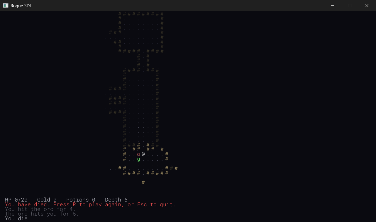 Death, at depth 6. An orc, the red o, has done its job. The health on the HUD is 0, never less, the messages say how it happened, and the red row says what you can do about it.